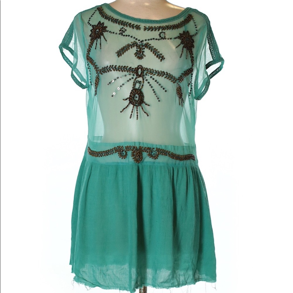 FREE PEOPLE beaded teal blouse